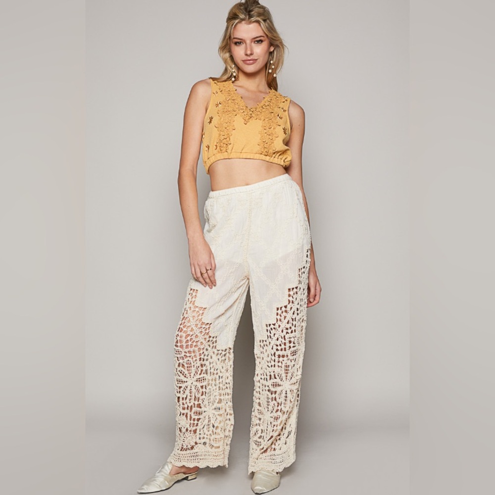 876. POL Straight Leg Pants Cream Crochet Resort Elastic Waist Band - Picture 2 of 4